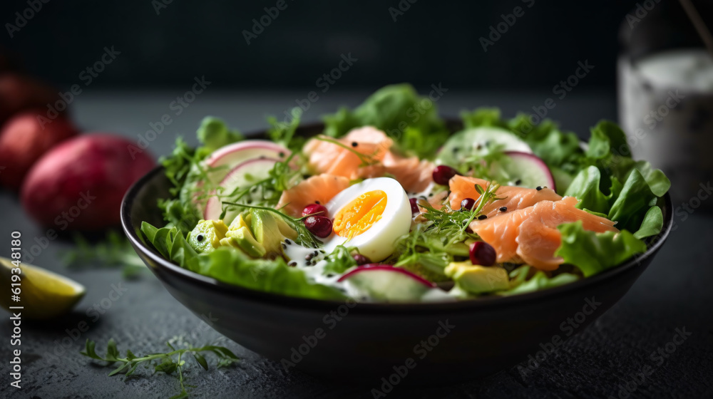 Salad with boiled egg, tomatoes and spinach. Juicy tamat and herbs on a fork. Healthy, dietary food. Organic food close-up. Generative Ai