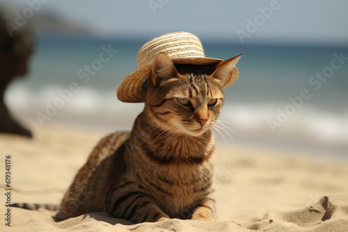 Generative AI. a cat wearing a beach hat