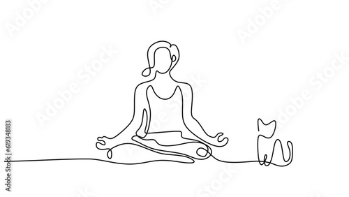 Cat yoga women, continuous line art drawing. Single sketch artwork with exercise and body healthy lifestyle.