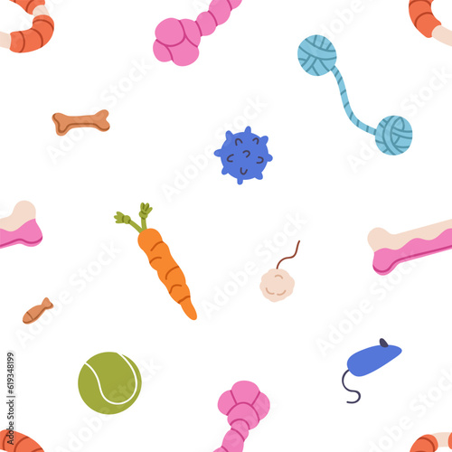 Pets accessories, seamless pattern. Dogs and cats toys, playing supplies, endless background design. Funny stuff for canine, feline fun, repeating print. Colored flat vector illustration for wrapping
