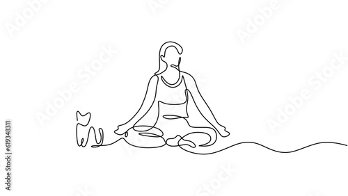 Yoga pose woman, one line drawing minimalist with cat animal.