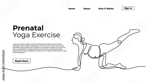 Prenatal yoga exercise, woman doing healthy pose during pregnant. Continuous one line art drawing minimalist, landing page template web concept, vector illustration editable stroke hand drawn.