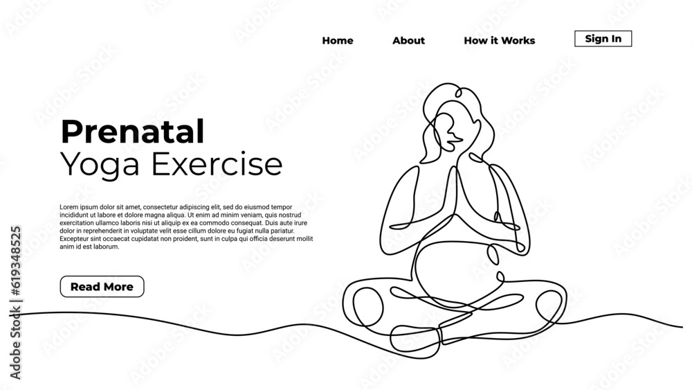 Pregnant mother doing yoga, continuous one line drawing. Sketch art illustration landing page template. Pregnant mother doing yoga, continuous one line drawing. Sketch art illustration landing page template.