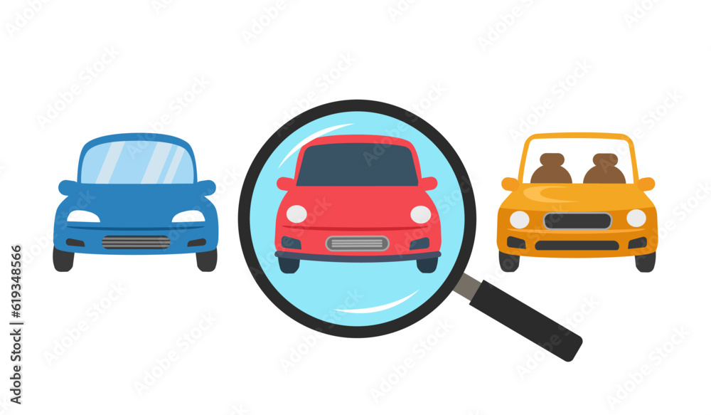 Hand holding magnifying glass choosing car in flat design on white background.