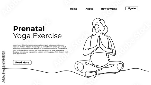 Pregnant mother doing yoga, continuous one line drawing. Sketch art illustration landing page template.