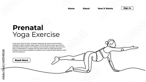Prenatal yoga Continuous one line art drawing. landing page template web concept, vector illustration editable stroke