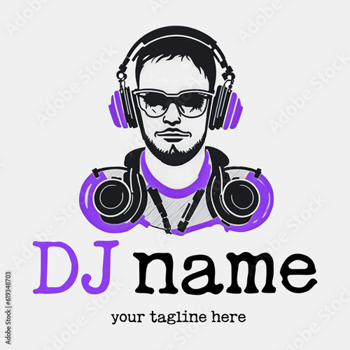 Dj Logo Design. Creative vector logo design with headphones and DJ with glasses. Music logotype template. For accessory, brand, identity, logotype, company, shop, dj party. Black background. Mp3 sign.