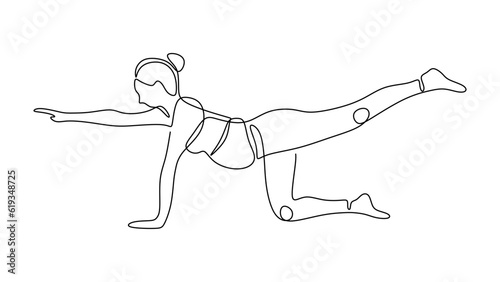 Pregnancy yoga, continuous one line drawing. Sketch art illustration landing page template.