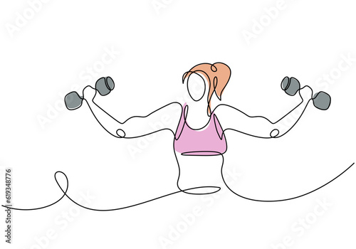Woman exercise with dumbbell. single one line drawing. Two hands training for muscular strength.