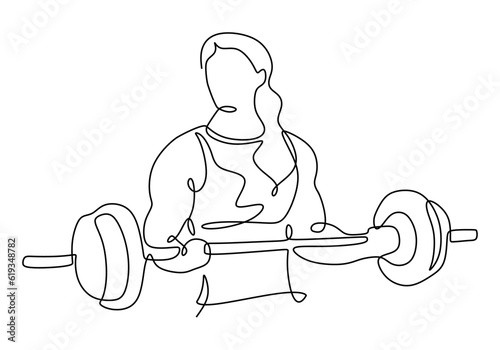 Weight training drawing of woman muscle vector. Female holding barbell continuous one line drawing.