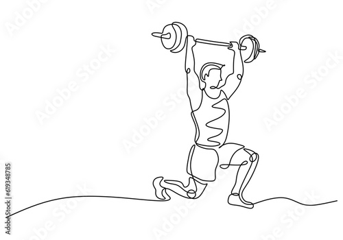 Weight training drawing fitness. People sport continuous line art. Bodybuilding activity.