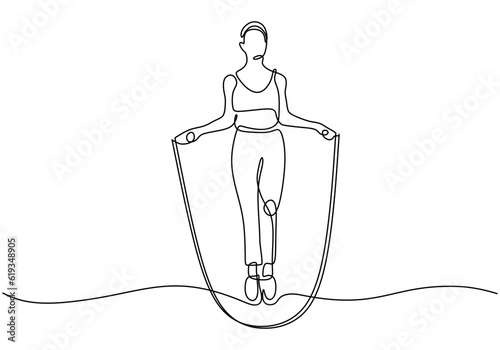 One line drawing woman skipping sport theme. Continuous hand drawn illustration vector. Editable stroke.