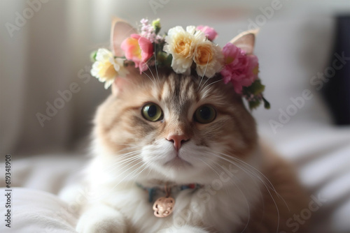 Generative AI. a cat wearing a flower crown
