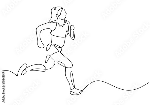 Marathon running, continuous one line drawing. Woman run with sport theme.