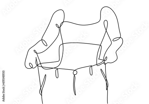 Loss weight woman one line drawing. Continuous line art loose body from Good diet, big jeans on a girl.