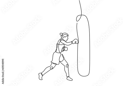 One line drawing woman training boxing exercise. Continuous line art sport girl punching at boxing bag.