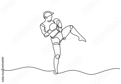 Kickboxing continuous line drawing. Vector illustration of a man kick exercise, muay thai sport theme people doing fighting activity training.