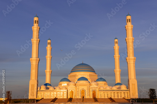 The Grand Mosque lighted by the rays of the morning sun. Astana, Kazakhstan.