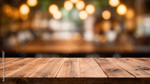Wooden board empty table in front of blurred background. Generative Ai