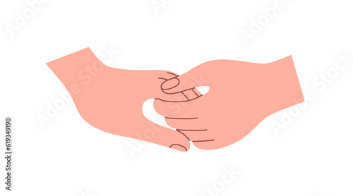 Two hands of love couple touching, holding, taking with affection and support. Care and trust, romantic relationship concept. Partners lovers. Flat vector illustration isolated on white background