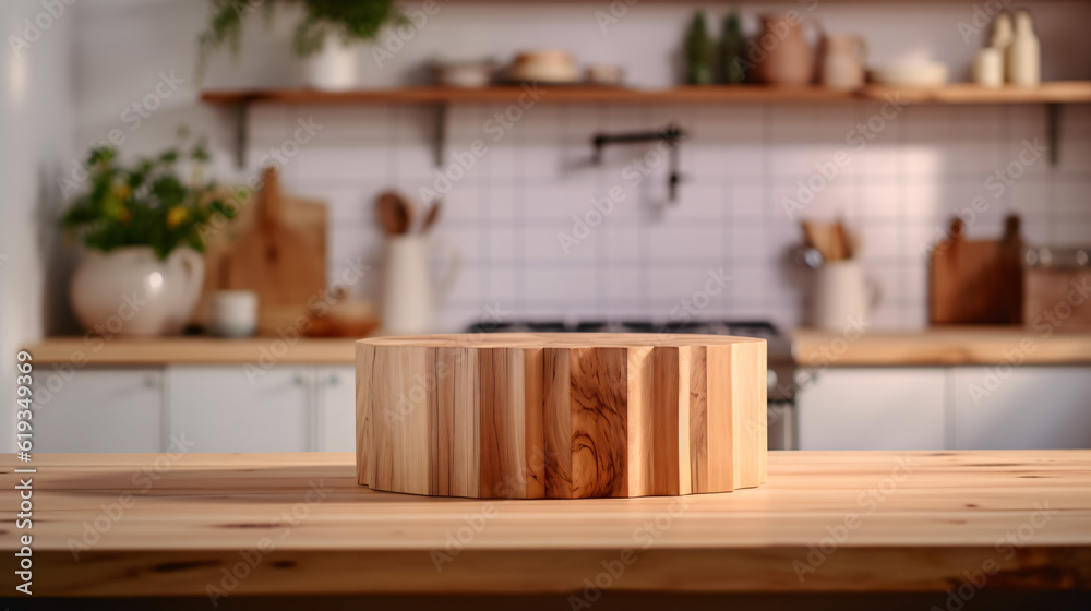 Wooden pedestal on table in kitchen interior and free space for your decoration. Generative Ai