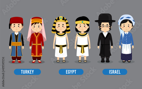 Set of Asian People Wearing Traditional Outfit