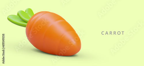 Single realistic carrot with green leaves. Crispy firm vegetable. Orange root. Vitamin eco product useful for health. Horizontal poster for grocery store