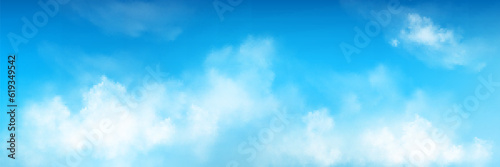 3d realistic sky background with fluffy cloud vector texture. Blue air pattern with white abstract cloudy meteorology smoky environment. Beautiful natural cloudscape with sunshine panoramic banner