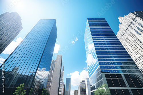 Reflective skyscrapers, business office buildings. low angle view of skyscrapers in city, sunny day. Business wallpaper with modern high-rises with mirrored windows. Generative AI photo. © dinastya