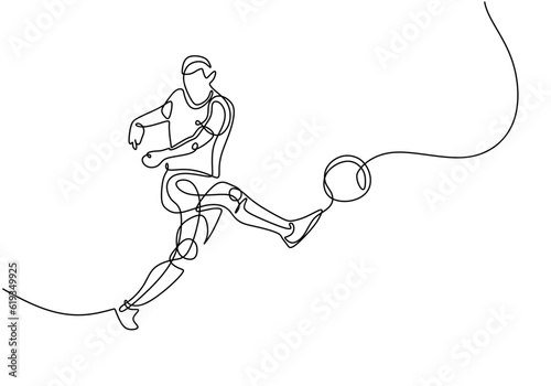 Soccer sport player, continuous one line drawing of sportsman kick a ball.