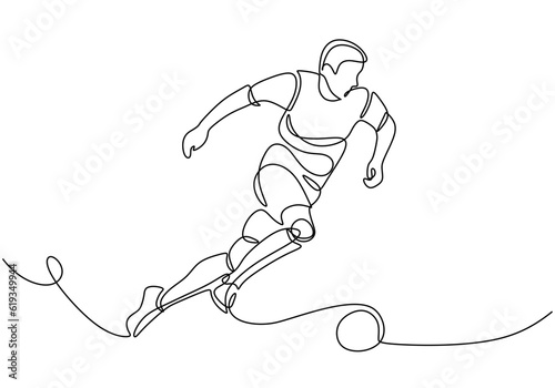 Soccer sport player, continuous one line drawing of sportsman dribbling a ball.