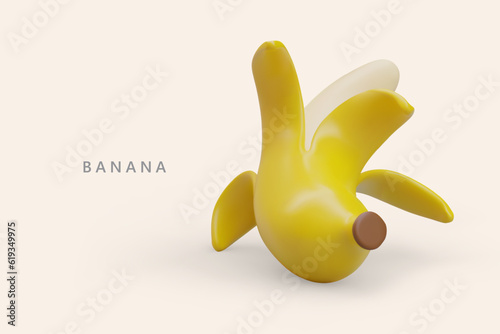 Yellow half peeled banana with shiny skin. Horizontal banner with 3D illustration in cartoon style. Sweet natural raw dessert. Soft ripe fruit. Vector template