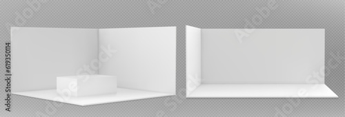 3d booth stand for trade show. Blank room mockup with white walls, floor and table in front and corner view. Empty presentation stall for exhibition, vector realistic set