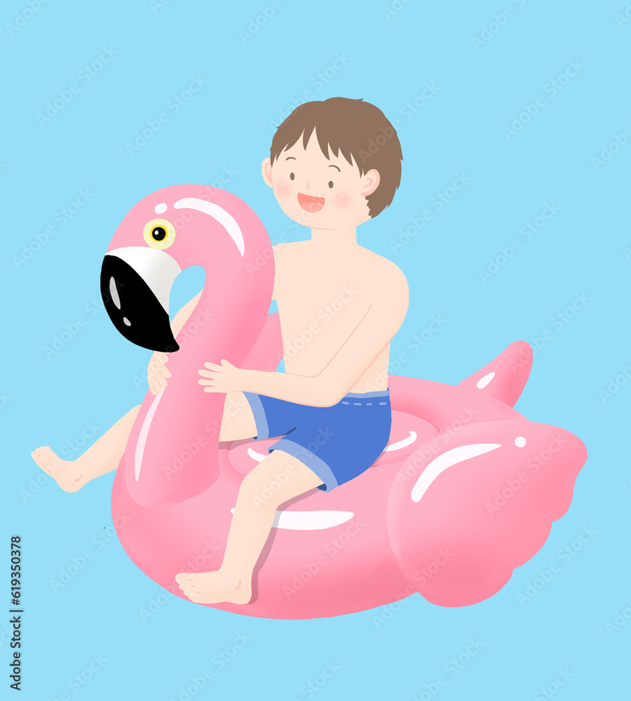 Little boy riding a flamingo tube illustration , 홍학 튜브 타고 있는 남자 어린이