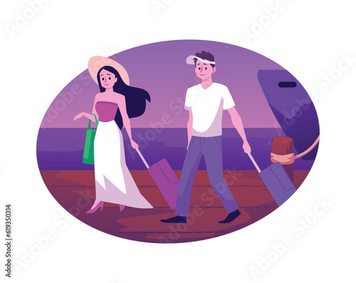 Man and woman with suitcases landed from cruise liner or yacht, Cruise vacation concept, Holiday sea season flat vector illustration