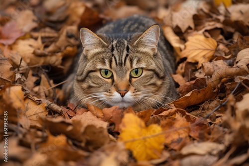 Generative AI.
a cat hiding in a pile of dry leaves