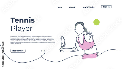 One line drawing woman playing tennis, vector illustration girl with racket continuous single hand drawn graphic. Landing page template web elements with colors.