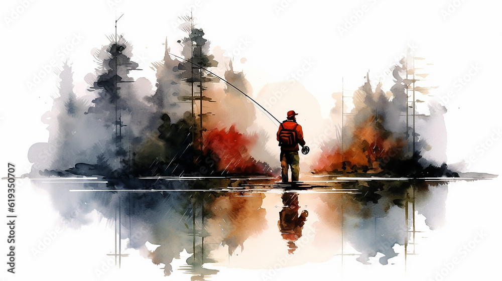 fisherman on a white background watercolor drawing poster. Generative AI fisherman on a white background watercolor drawing poster. Generative AI