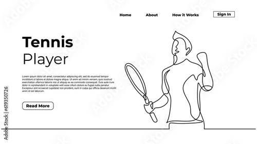 Continuous line drawing tennis player, simple line art hand drawn. Web landing page concept, vector illustration template.