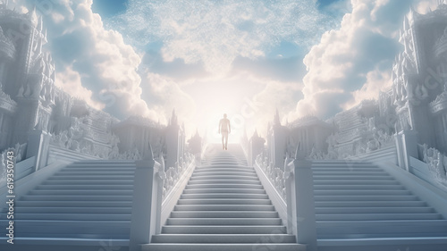 man climbs the heavenly ladder to paradise. Generative AI