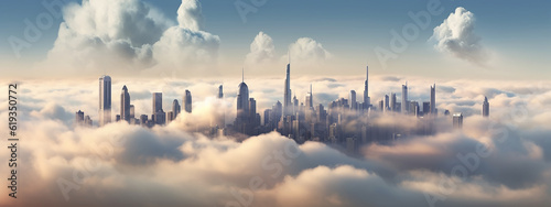 panorama long narrow skyline skyscrapers in the clouds. Generative AI