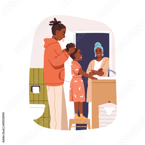 Father braiding daughter kids hair at home bathroom. Happy black people family in morning. African-American dad helping girl child with hairdo. Flat vector illustration isolated on white background