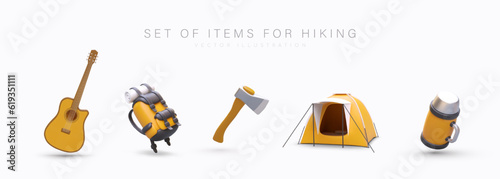 Collection of realistic camping vector images. Property for hiking tourism with overnight accommodation. Guitar, backpack, axe, tent, thermos. Backpacking. Outdoor recreation