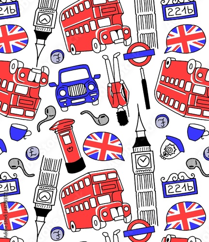 Cartoon British flag soldier umbrella blue red alternating hand drawn beautiful colorful fashion background boys' clothes girls seamless gift paper interior decoration scarf blanket