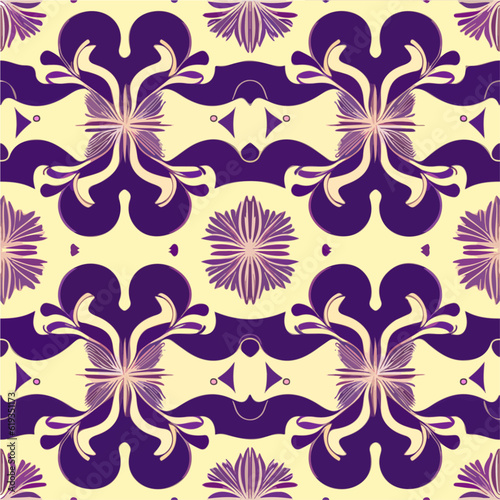 Delightful combination of purple and yellow flowers graces a white background in a repeating fabric pattern, exuding an art nouveau aesthetic.