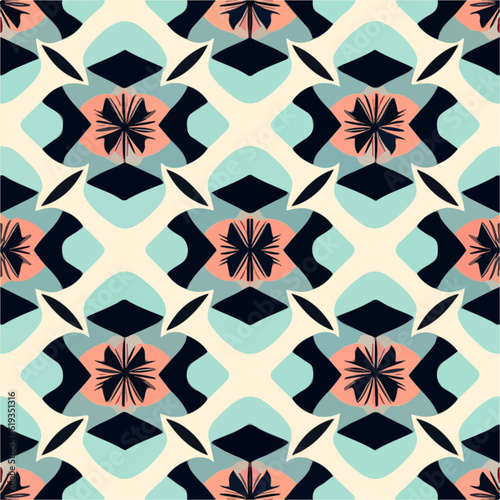 Delicate blue and pink flowers gracefully adorn a white background, forming a charming and symmetrical repeating fabric pattern, exhibiting seamless pattern design.