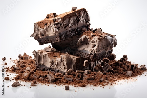 Chunks of black chocolate biscuit stack and crumbs on white background