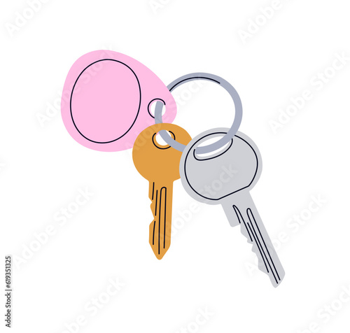 Magnet and metal door keys hanging on ring. Keyring, modern keyholder for locking, unlocking private house, accessing office. Flat vector illustration isolated on white background