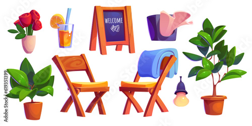 Outdoor cafe furniture and accessories set isolated on white background. Vector cartoon illustration of wooden chairs, welcome blackboard, green plants, light bulb, flowers in vase, glass of lemonade