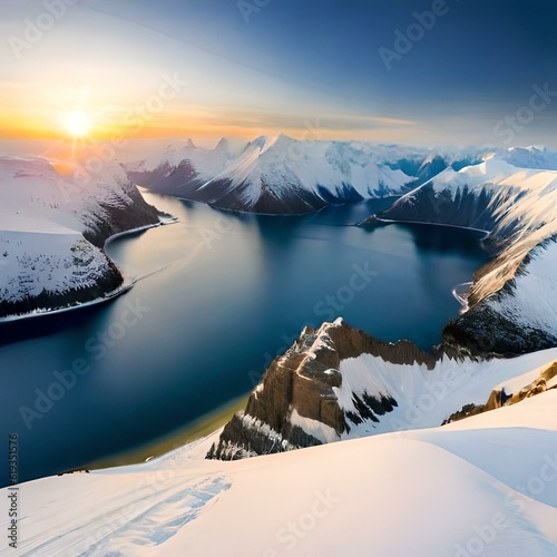 Lake in the middle of snow with sun rising, Generative AI 